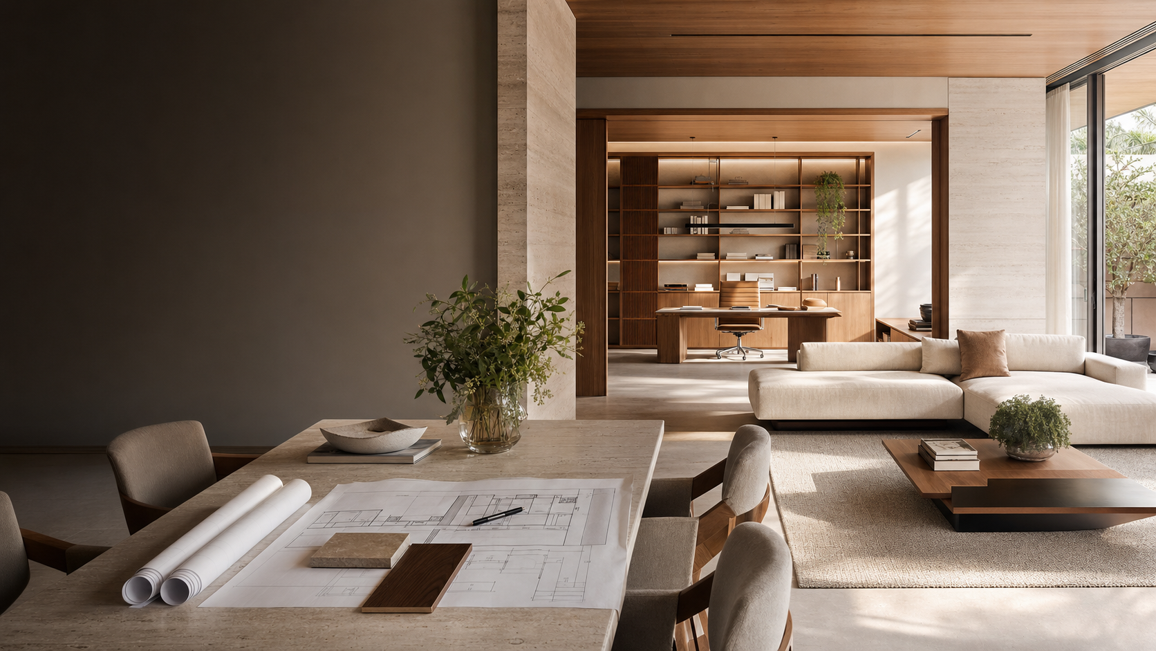 Ambiente contemporâneo planejado com materiais naturais